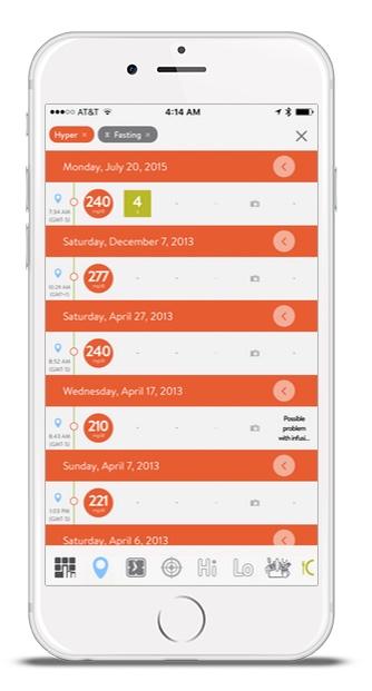 iPhone with mySugr Logbook showing search results