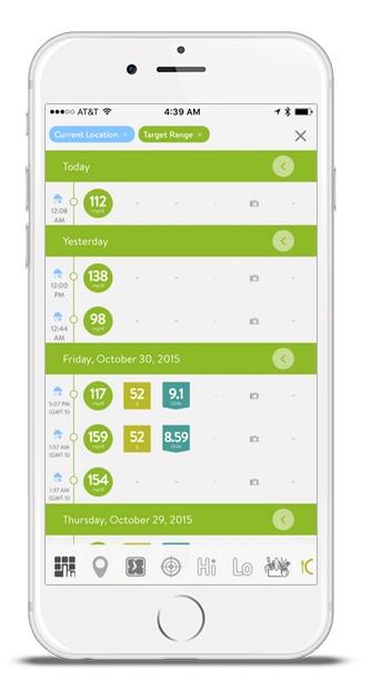 mySugr Logbook screen with search feature showing all in-target BG's logged at the current location