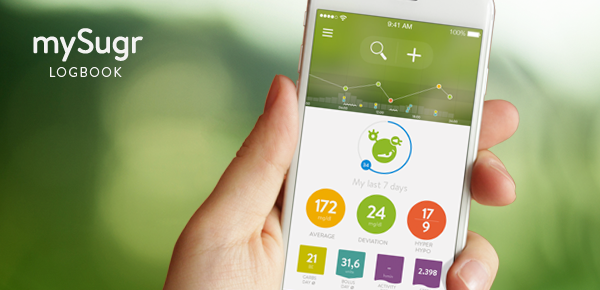 Hand holding a smartphone with mySugr Logbook 3.0