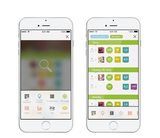 Two iPhone screens showing mySugr Logbook 3.0 search results